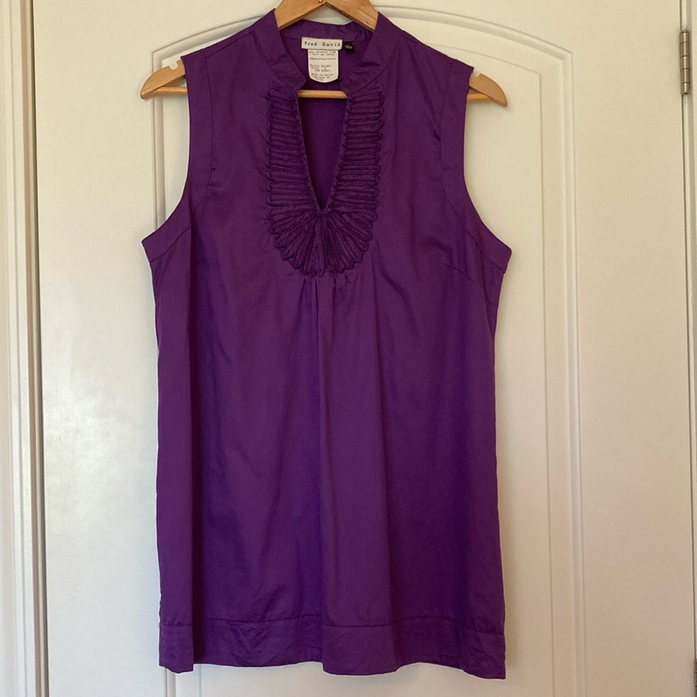 Fred David Women's Purple Ruffled Mandarin Collar Sleeveless Blouse Size L EUC